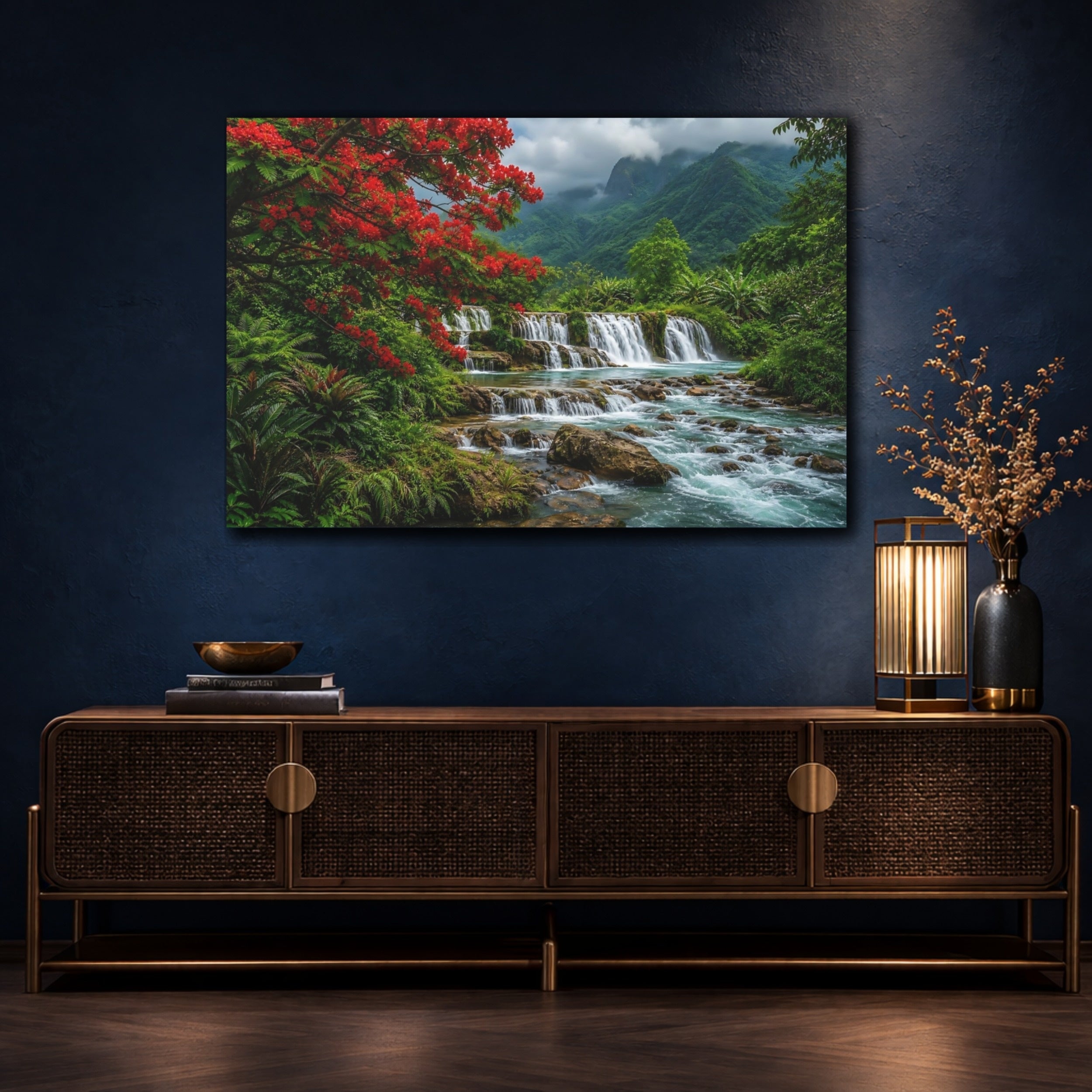 Mockup 4. Nature Waterfall Vibrant Tropical Landscape shown as stretched canvas wall art