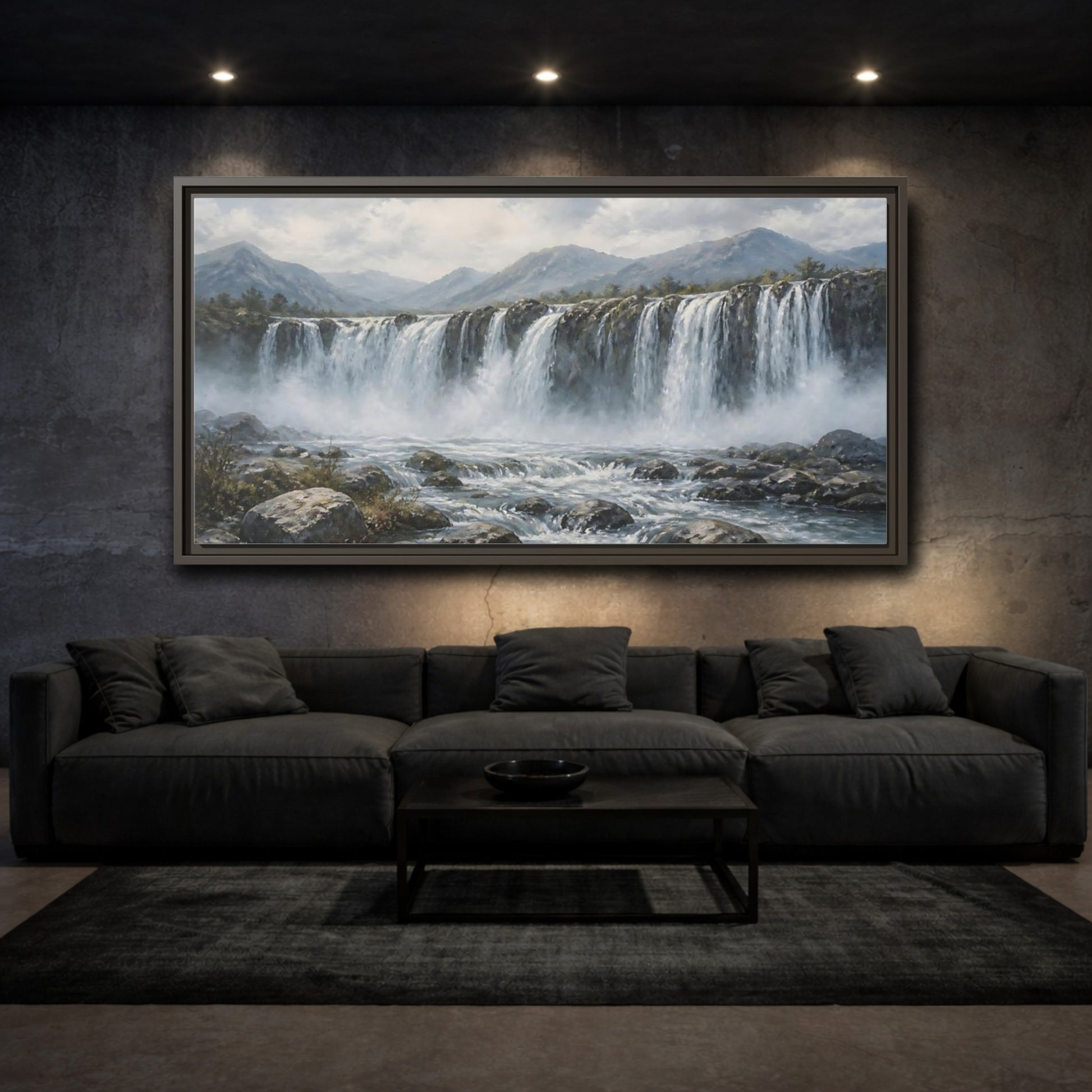 Mockup 3. Nature Waterfall Waterfall Landscape shown as stretched canvas wall art