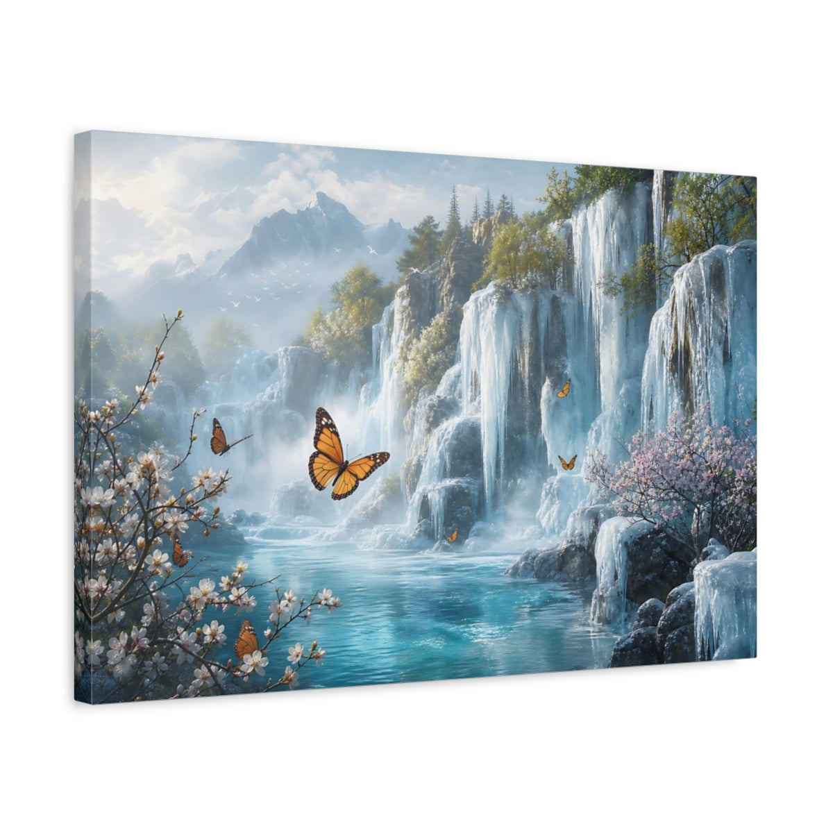Side Mockup 3. Nature Waterfalls, Butterflies Blue Green Landscape shown as stretched canvas wall art