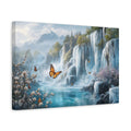 Side Mockup 4. Nature Waterfalls, Butterflies Blue Green Landscape shown as stretched canvas wall art