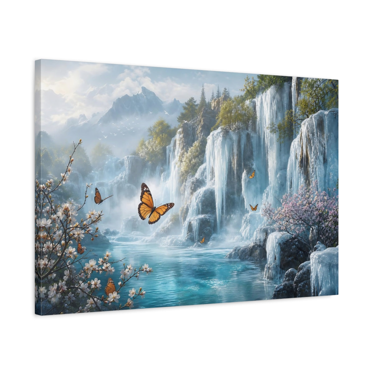 Side Mockup 2. Nature Waterfalls, Butterflies Blue Green Landscape shown as stretched canvas wall art