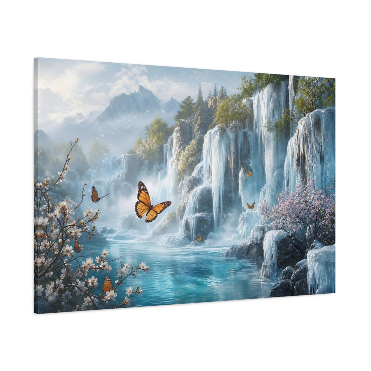 Side Mockup 1. Nature Waterfalls, Butterflies Blue Green Landscape shown as stretched canvas wall art