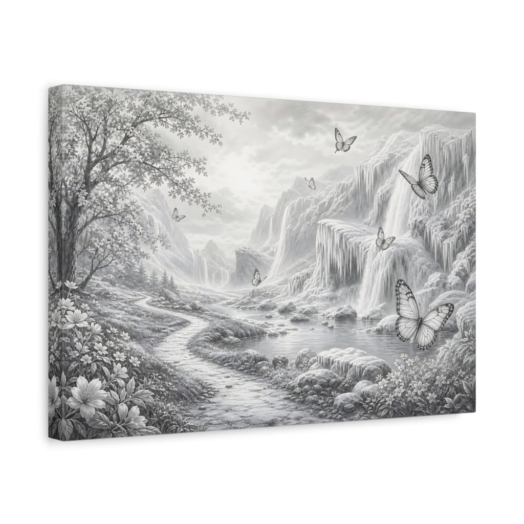Side Mockup 4. Nature Waterfalls, Butterflies Monochrome Landscape shown as stretched canvas wall art