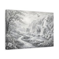 Side Mockup 4. Nature Waterfalls, Butterflies Monochrome Landscape shown as stretched canvas wall art