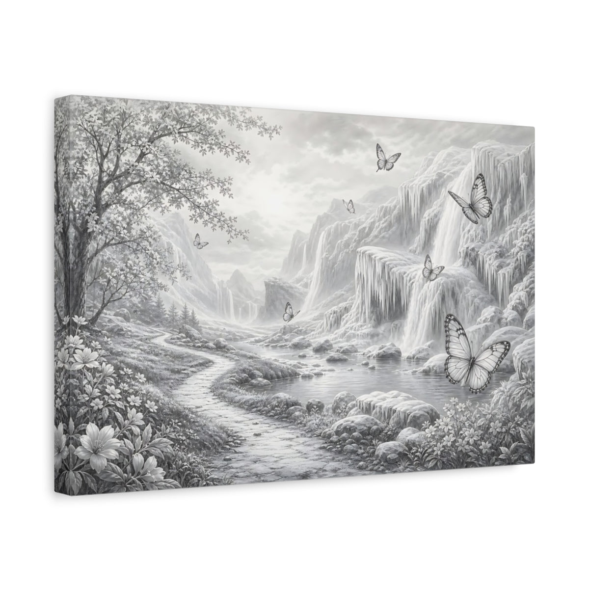 Side Mockup 4. Nature Waterfalls, Butterflies Monochrome Landscape shown as stretched canvas wall art