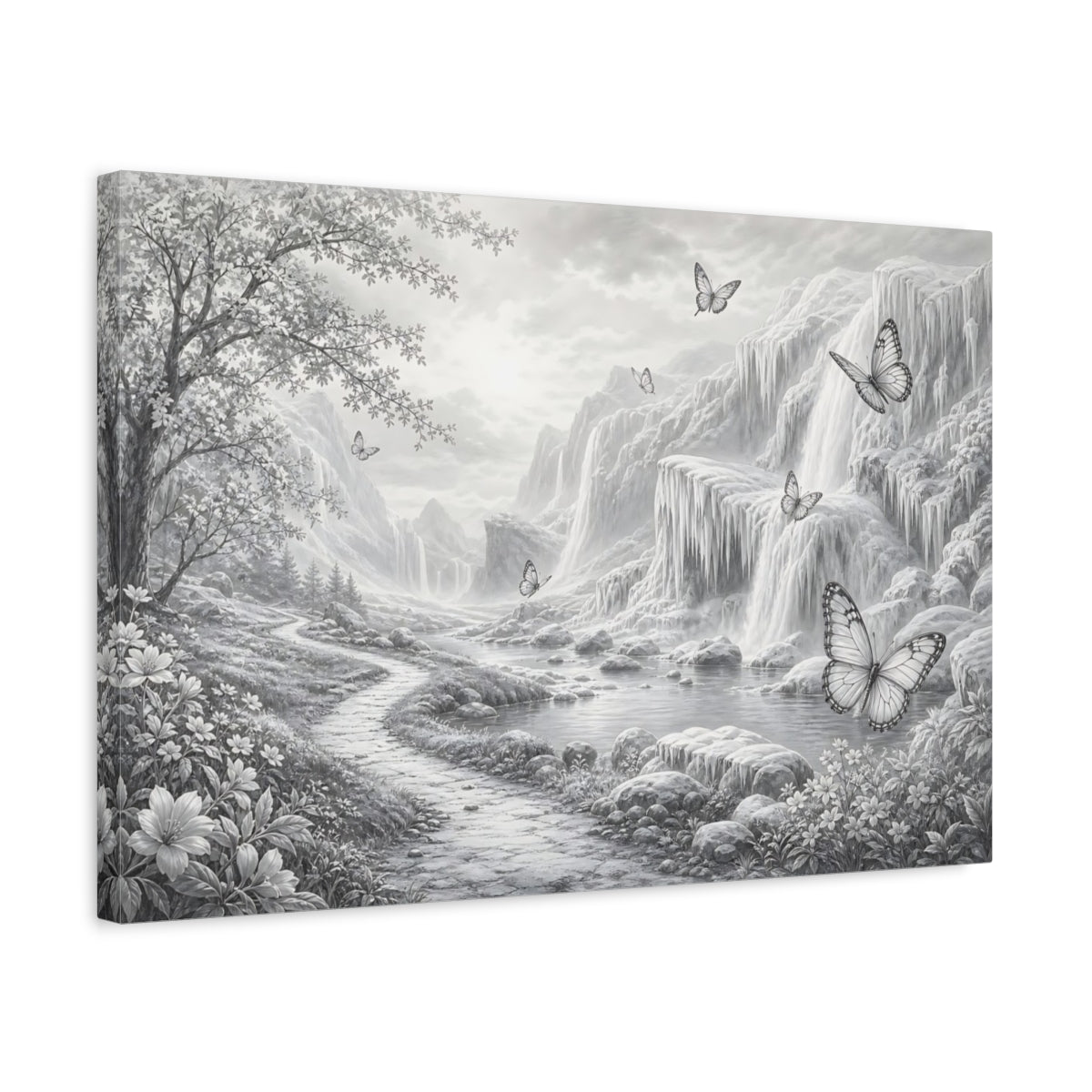 Side Mockup 3. Nature Waterfalls, Butterflies Monochrome Landscape shown as stretched canvas wall art