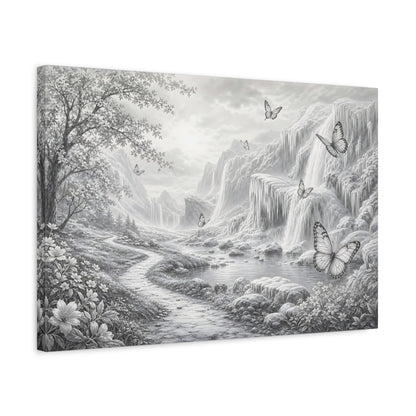 Side Mockup 3. Nature Waterfalls, Butterflies Monochrome Landscape shown as stretched canvas wall art