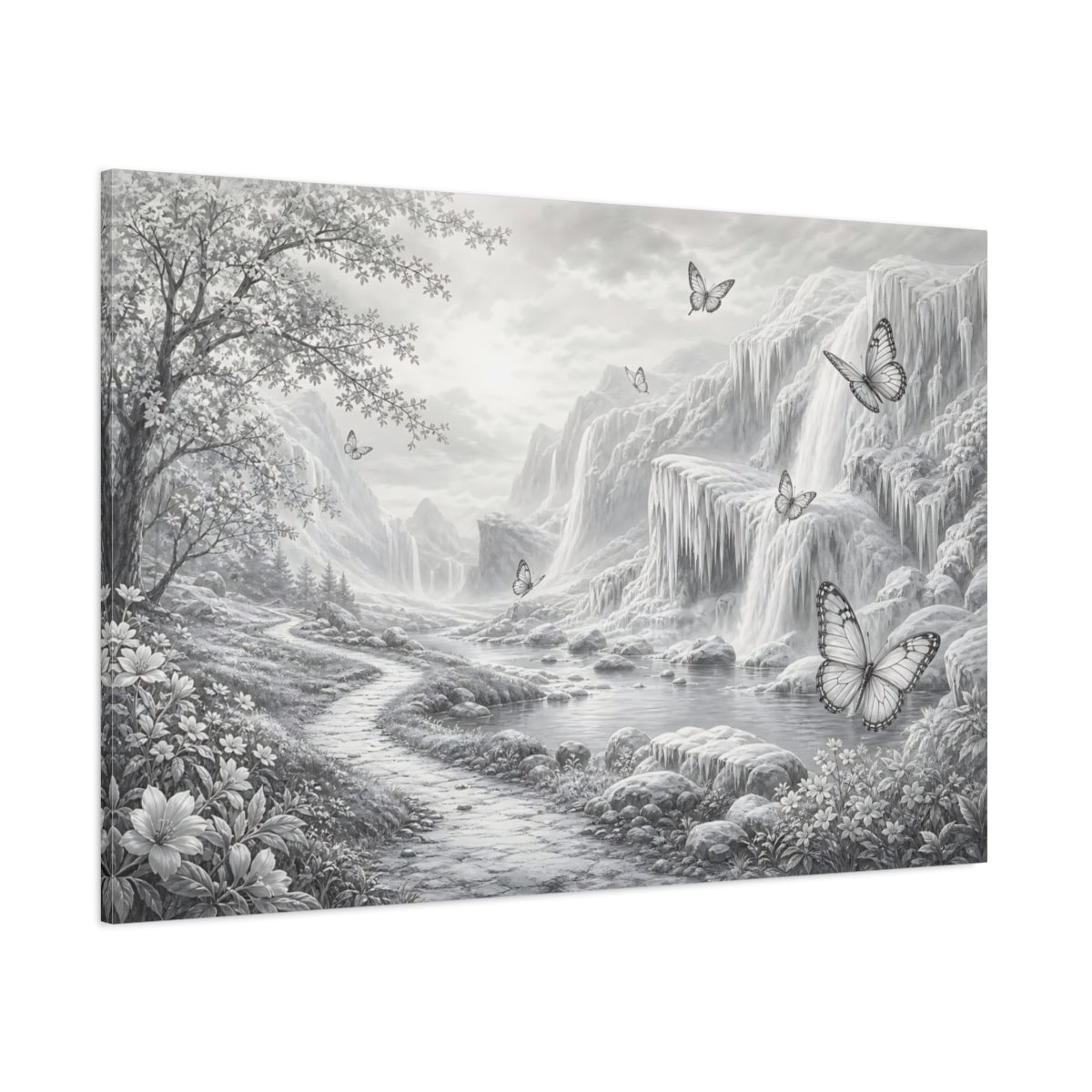 Side Mockup 1. Nature Waterfalls, Butterflies Monochrome Landscape shown as stretched canvas wall art