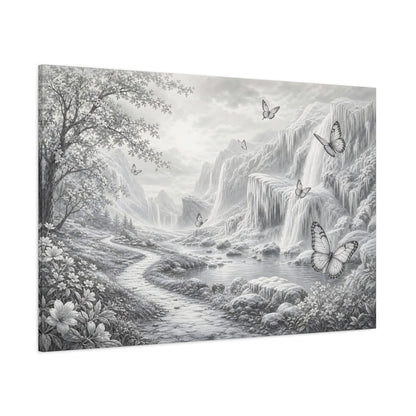 Side Mockup 1. Nature Waterfalls, Butterflies Monochrome Landscape shown as stretched canvas wall art