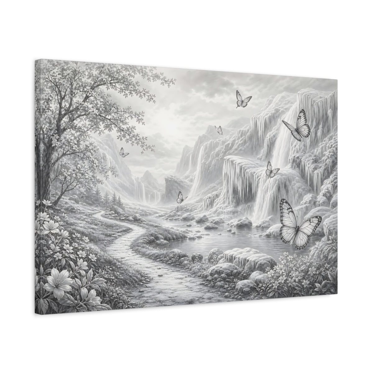 Side Mockup 2. Nature Waterfalls, Butterflies Monochrome Landscape shown as stretched canvas wall art