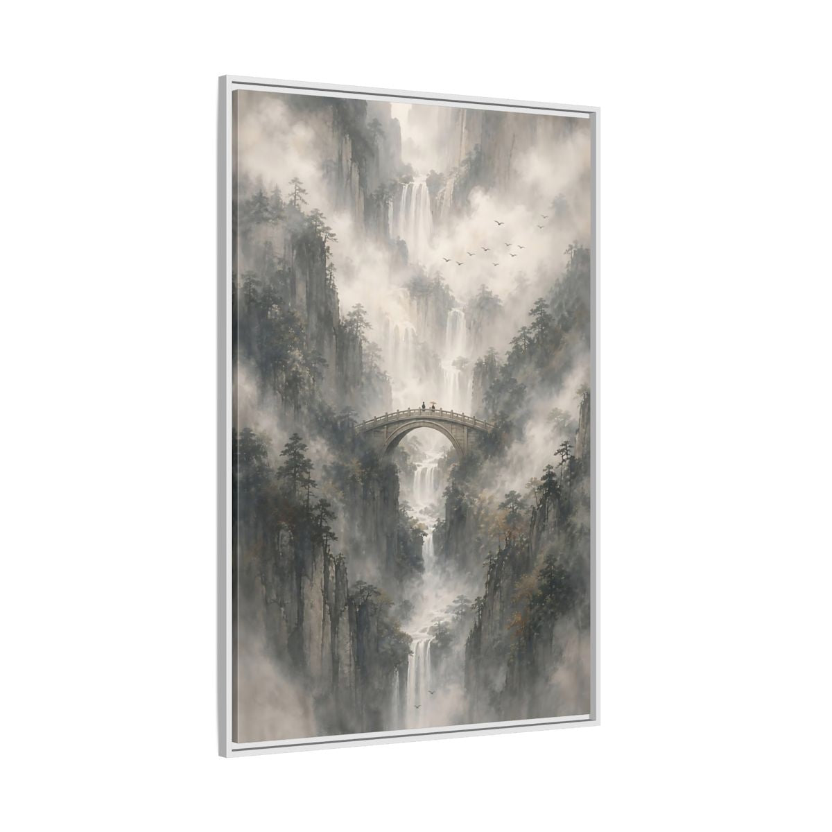 Nature Waterfalls Mountains Misty Framed Canvas Wall Art - Living Room, Above Couch shown as canvas wall art