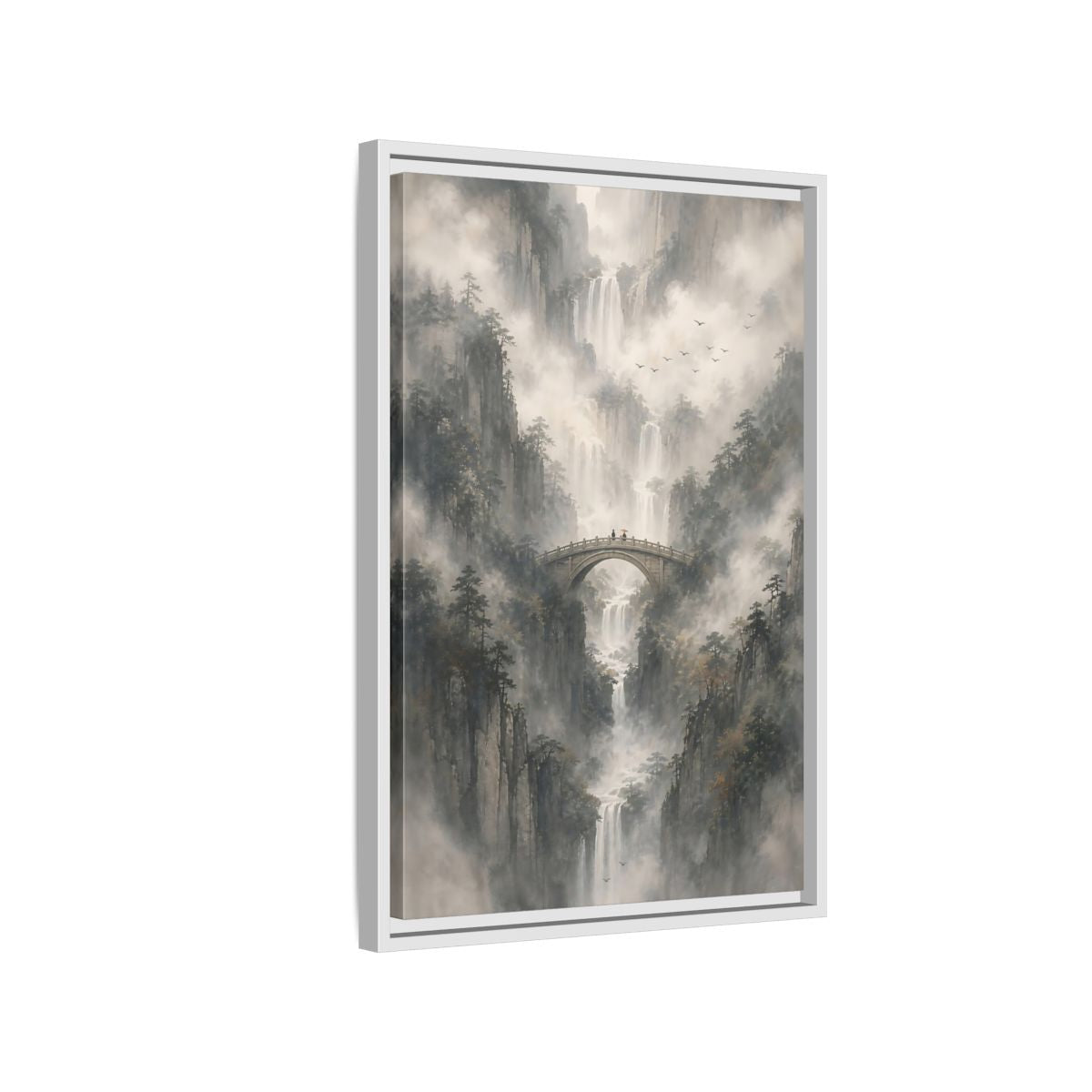 Nature Waterfalls Mountains Misty Framed Canvas Wall Art - Living Room, Above Couch shown as canvas wall art