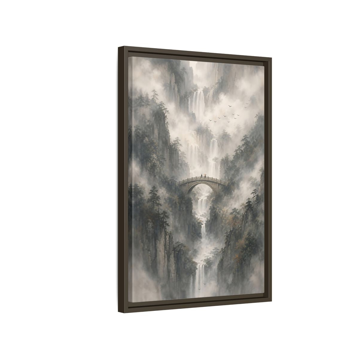 Nature Waterfalls Mountains Misty Framed Canvas Wall Art - Living Room, Above Couch shown as canvas wall art