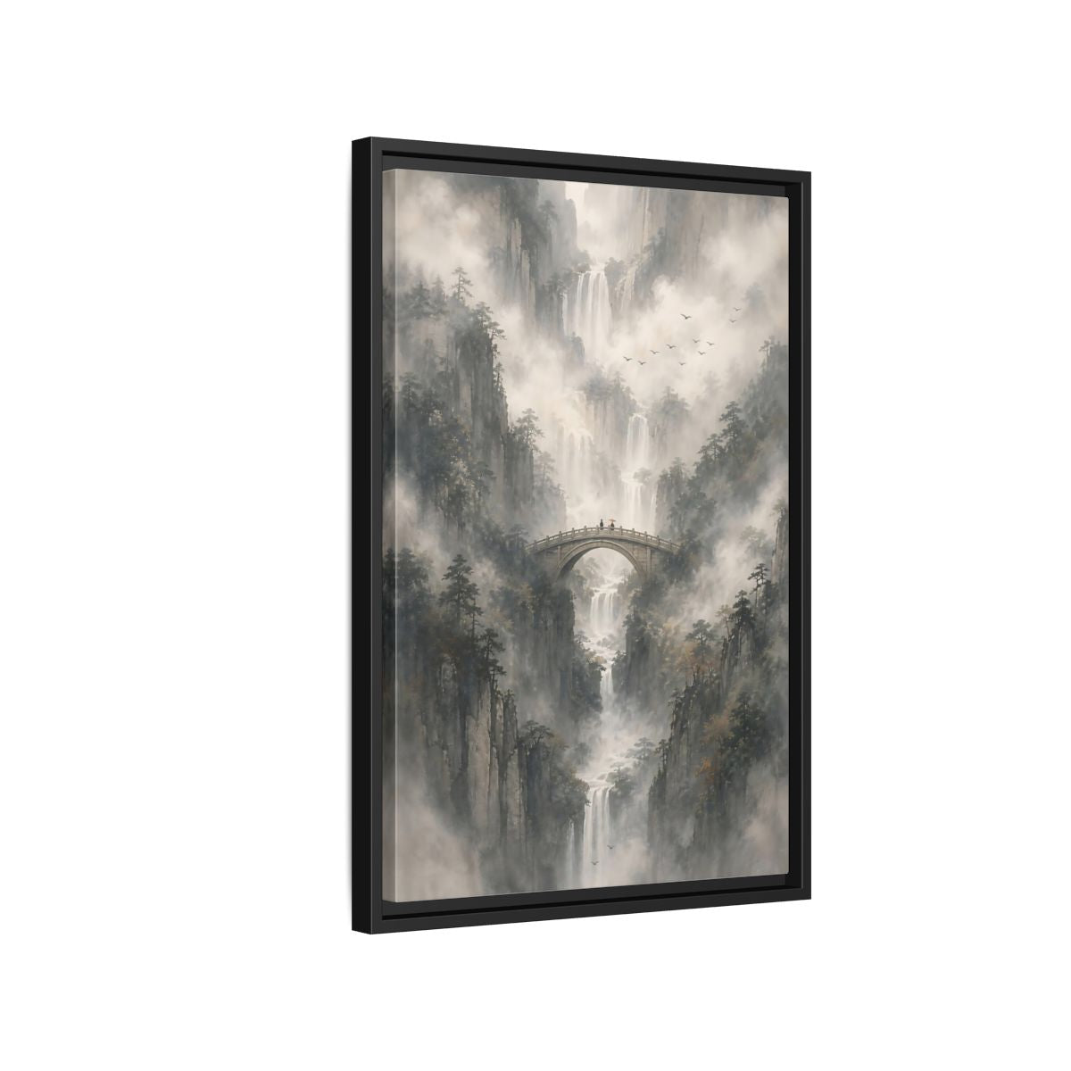 Nature Waterfalls Mountains Misty Framed Canvas Wall Art - Living Room, Above Couch shown as canvas wall art