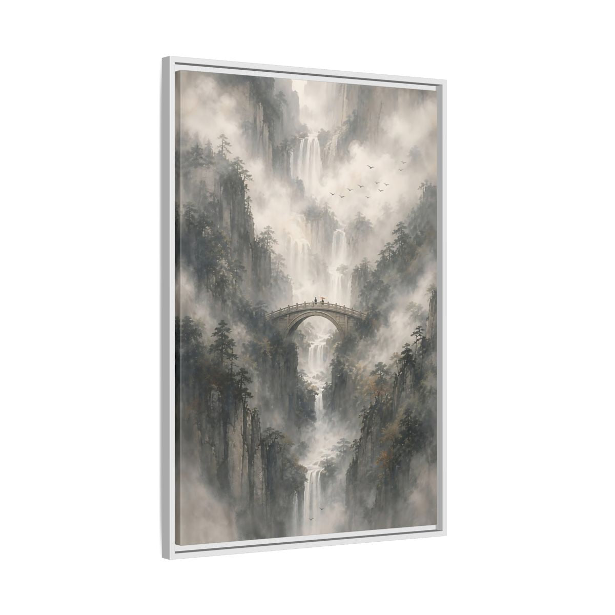 Nature Waterfalls Mountains Misty Framed Canvas Wall Art - Living Room, Above Couch shown as canvas wall art