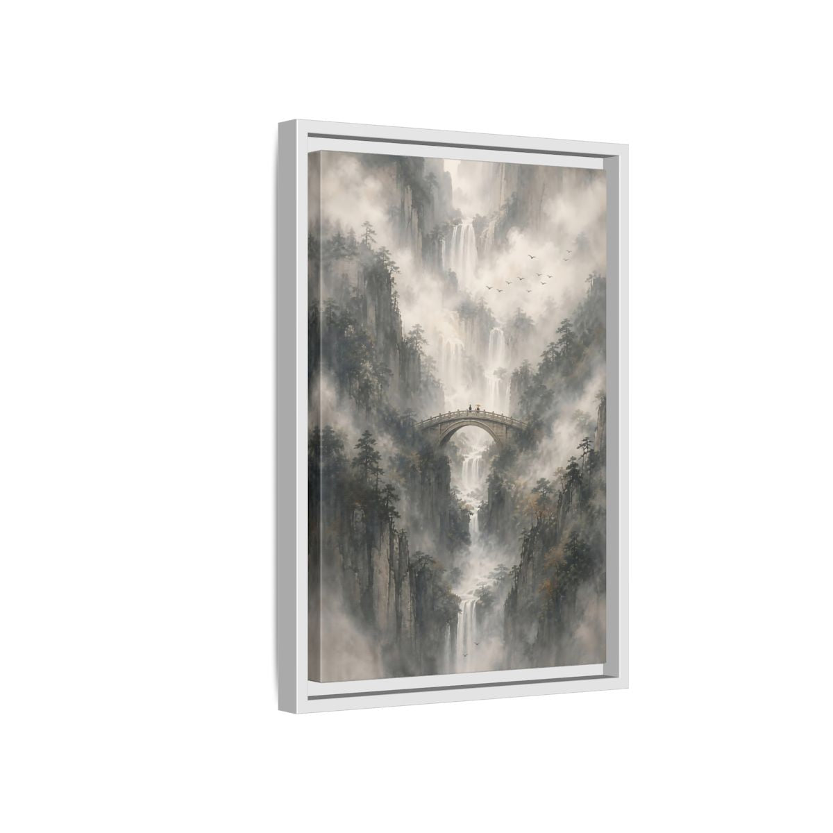Nature Waterfalls Mountains Misty Framed Canvas Wall Art - Living Room, Above Couch shown as canvas wall art