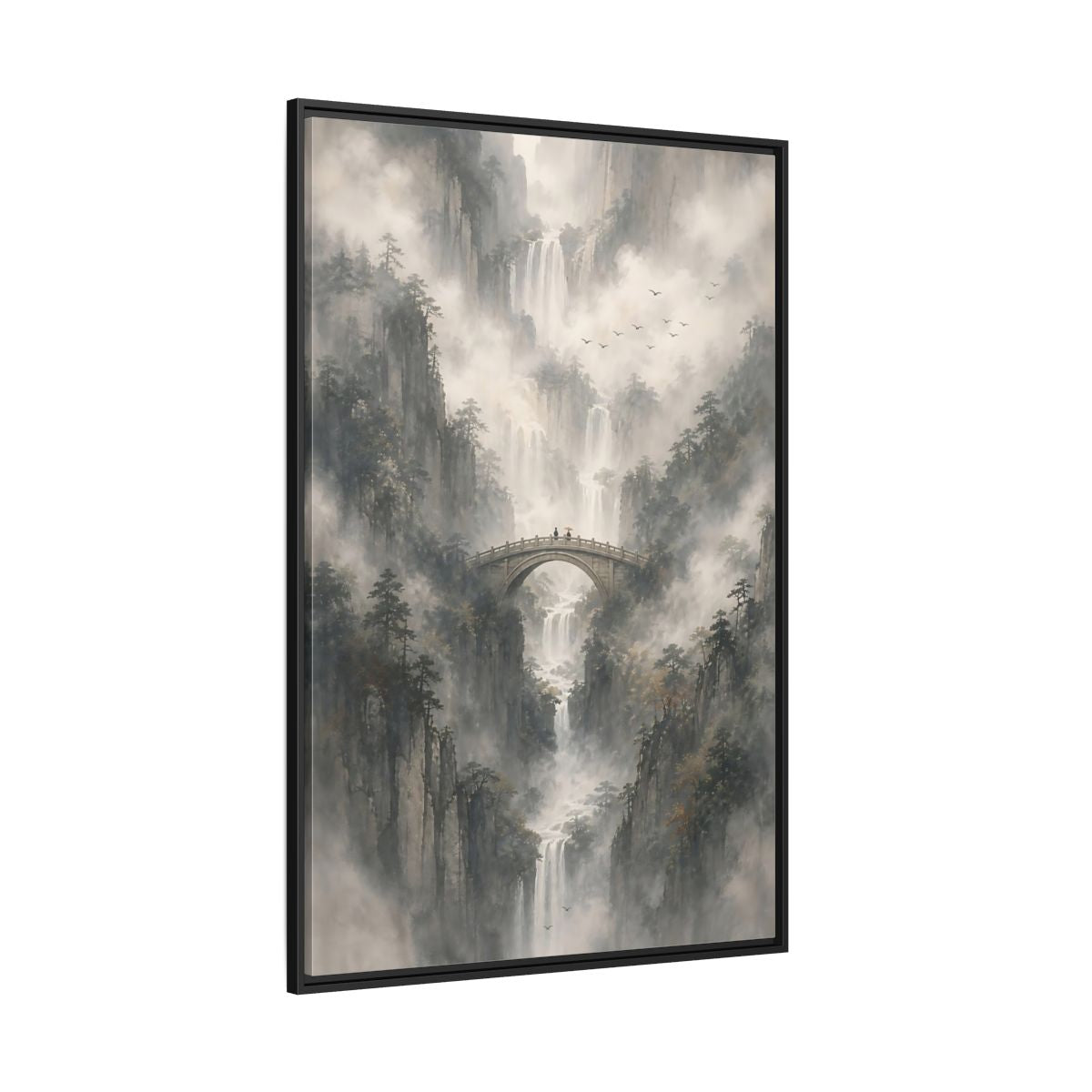 Nature Waterfalls Mountains Misty Framed Canvas Wall Art - Living Room, Above Couch shown as canvas wall art
