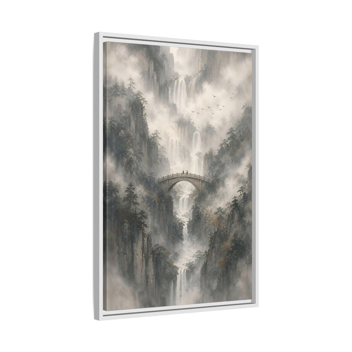 Nature Waterfalls Mountains Misty Framed Canvas Wall Art - Living Room, Above Couch shown as canvas wall art