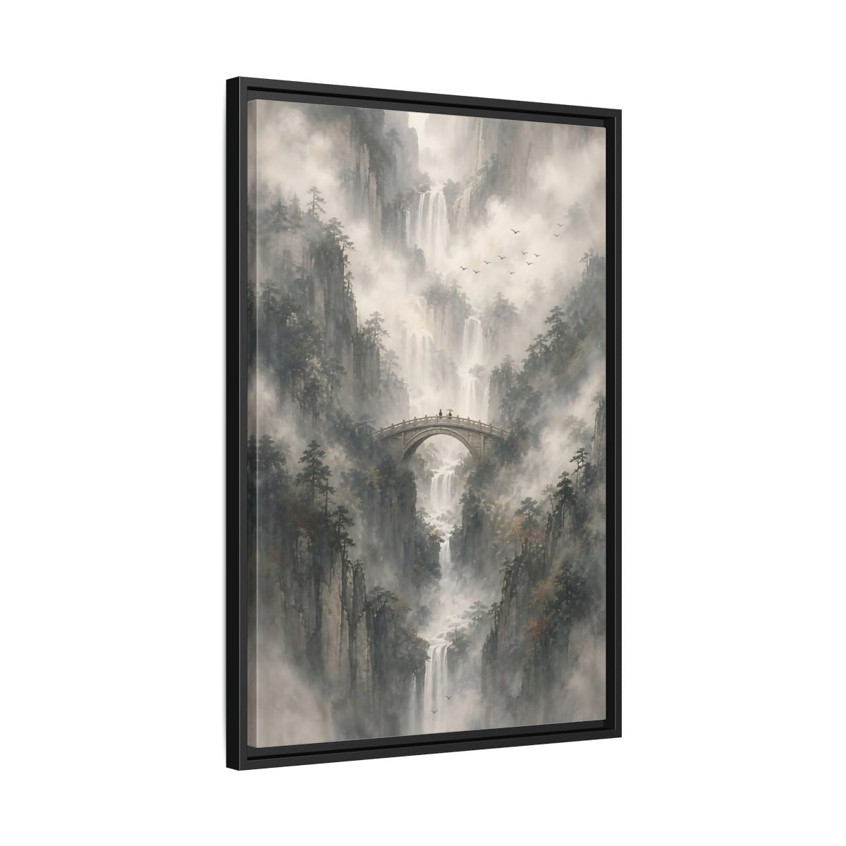 Nature Waterfalls Mountains Misty Framed Canvas Wall Art - Living Room, Above Couch shown as canvas wall art