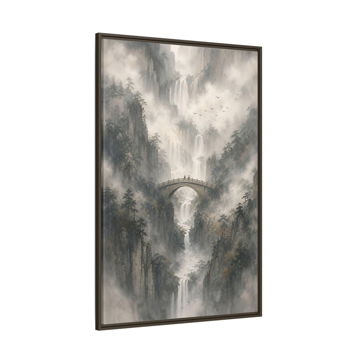 Nature Waterfalls Mountains Misty Framed Canvas Wall Art - Living Room, Above Couch shown as canvas wall art