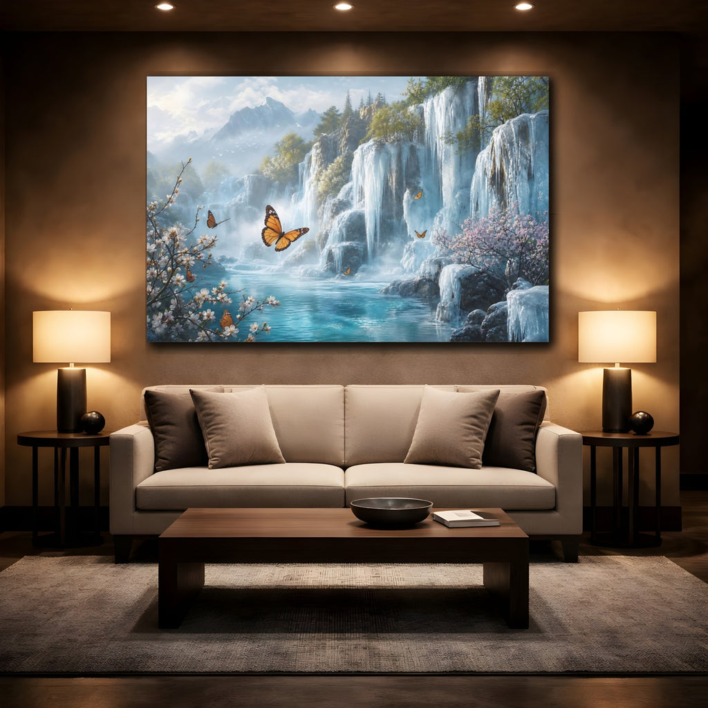 Mockup 2. Nature Waterfalls, Butterflies Blue Green Landscape shown as stretched canvas wall art