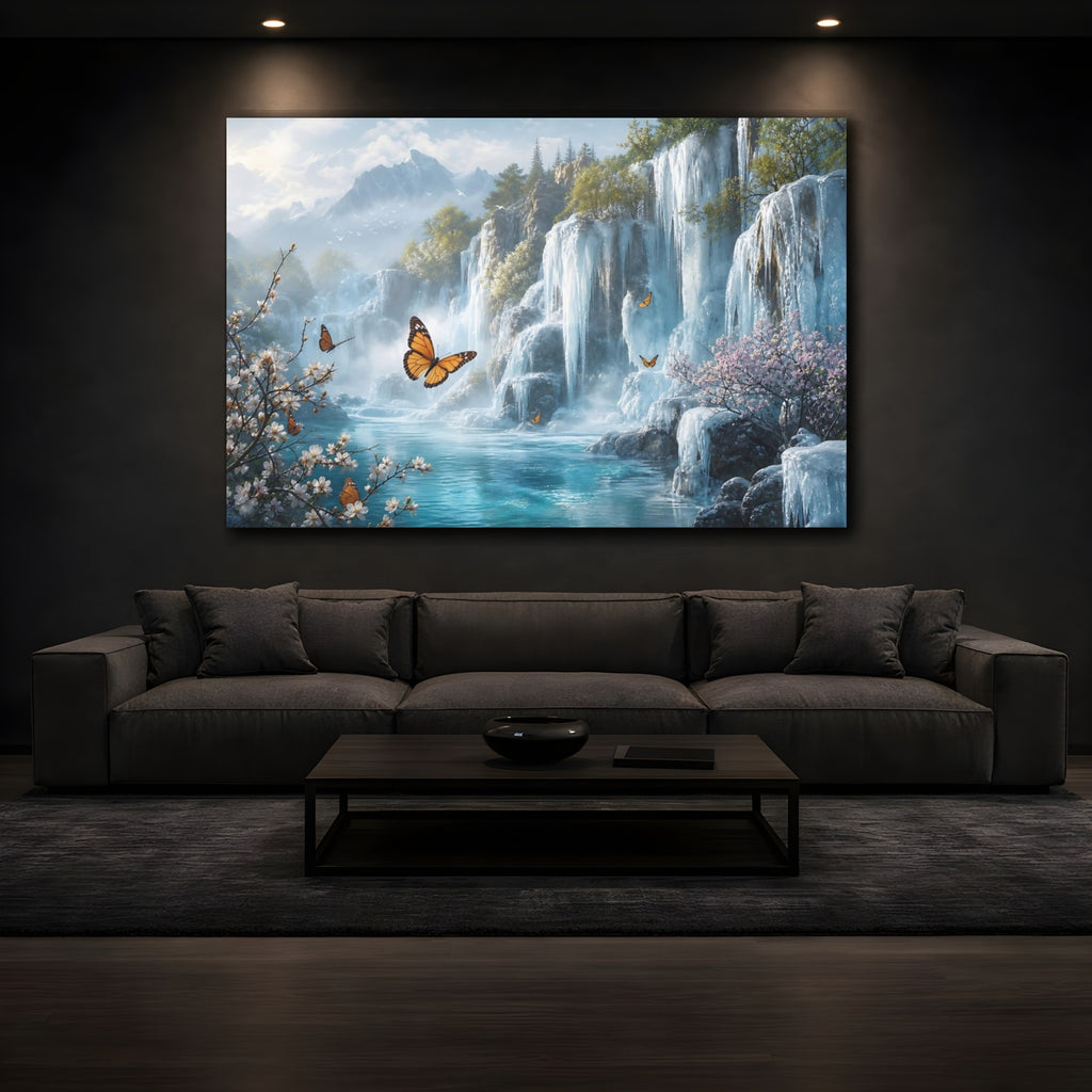 Mockup 3. Nature Waterfalls, Butterflies Blue Green Landscape shown as stretched canvas wall art