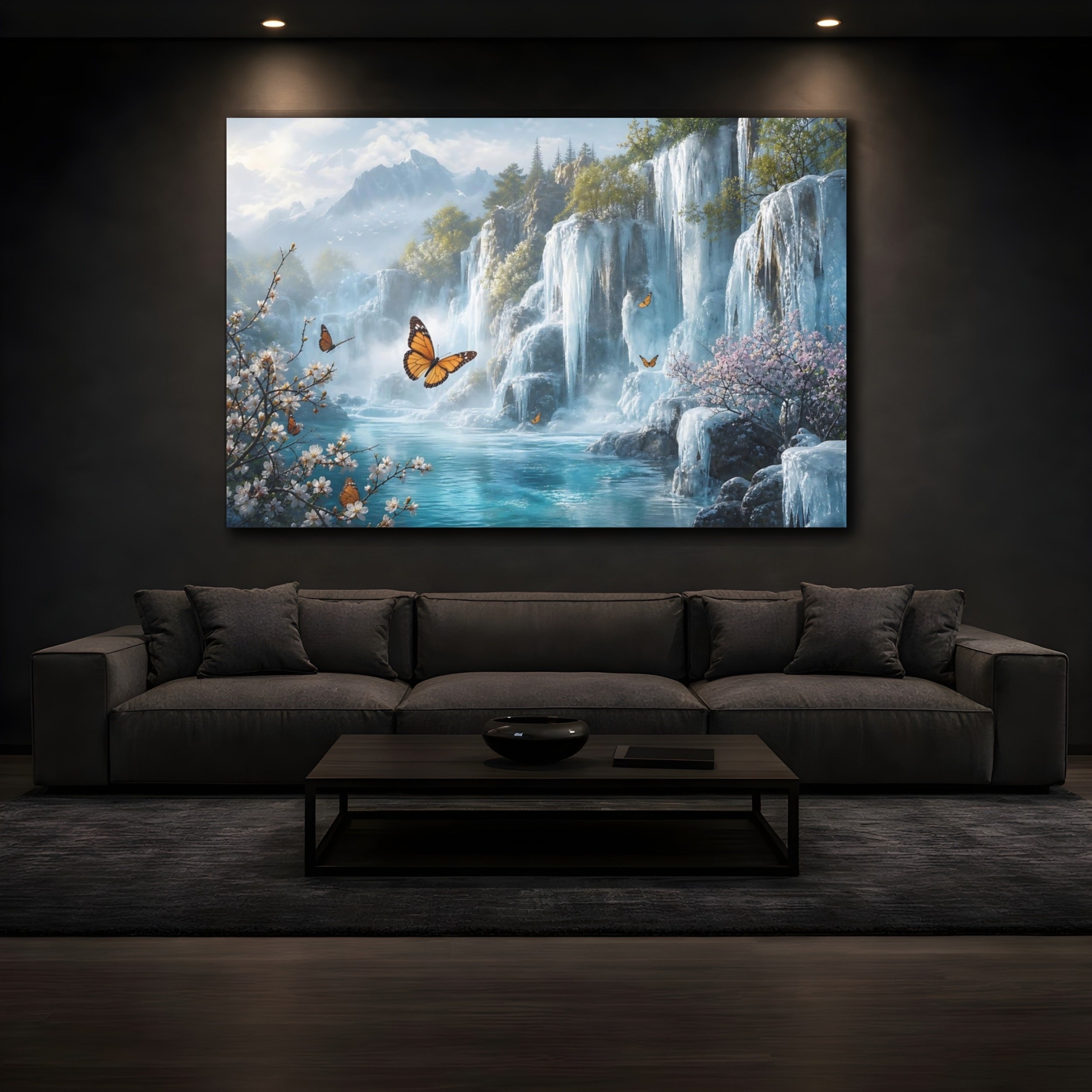 Mockup 3. Nature Waterfalls, Butterflies Blue Green Landscape shown as stretched canvas wall art