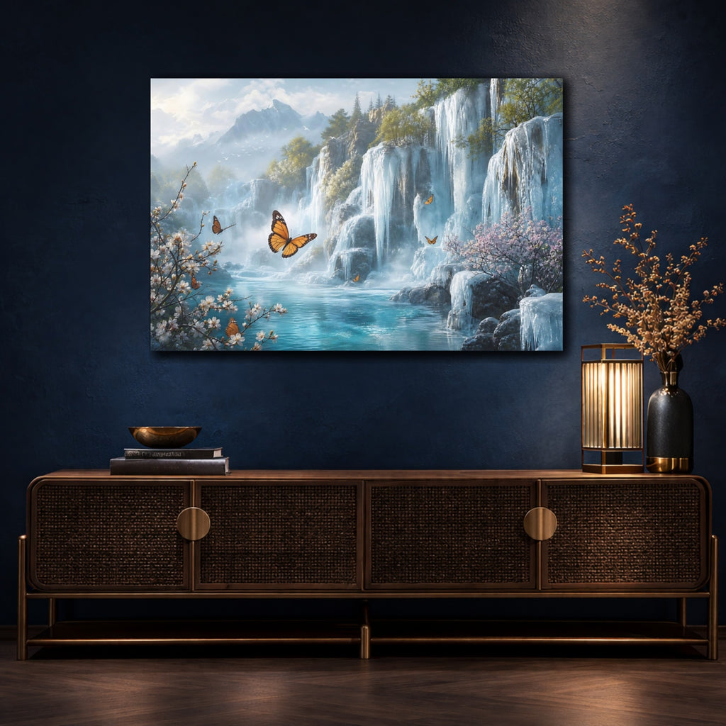 Mockup 4. Nature Waterfalls, Butterflies Blue Green Landscape shown as stretched canvas wall art