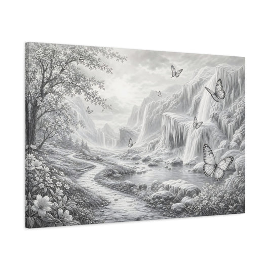 Main Mockup. Nature Waterfalls, Butterflies Monochrome Landscape shown as stretched canvas wall art