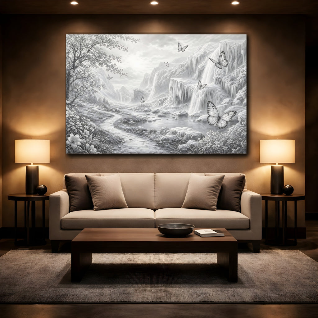 Mockup 2. Nature Waterfalls, Butterflies Monochrome Landscape shown as stretched canvas wall art