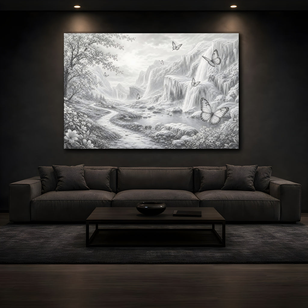 Mockup 3. Nature Waterfalls, Butterflies Monochrome Landscape shown as stretched canvas wall art