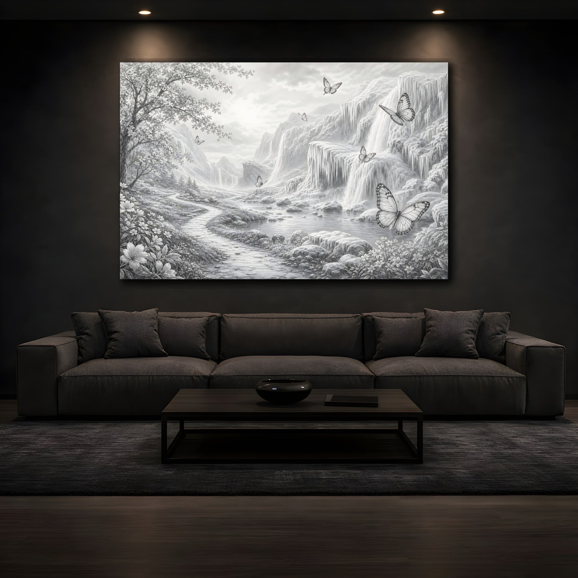Mockup 3. Nature Waterfalls, Butterflies Monochrome Landscape shown as stretched canvas wall art