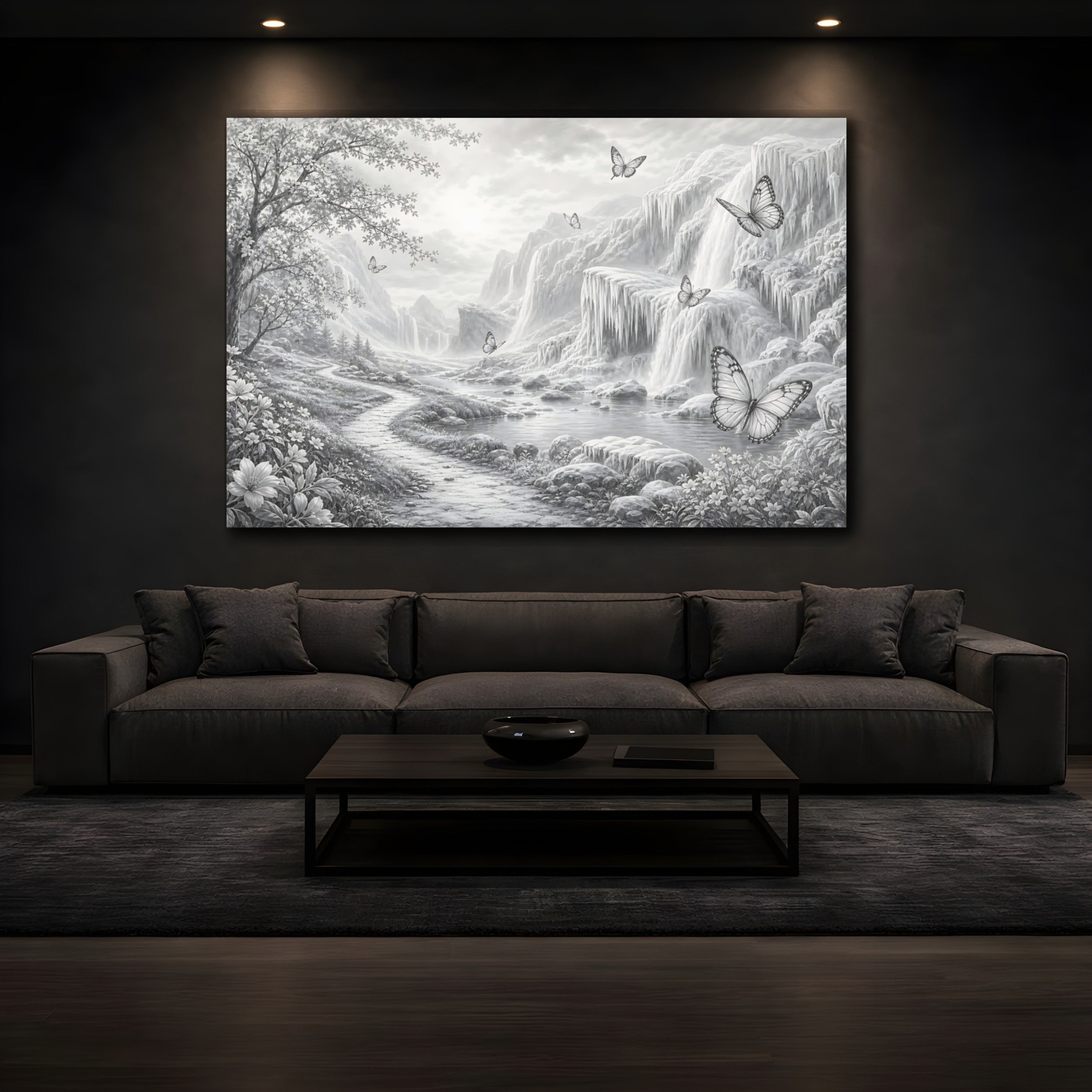 Mockup 3. Nature Waterfalls, Butterflies Monochrome Landscape shown as stretched canvas wall art