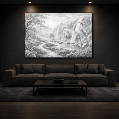 Mockup 3. Nature Waterfalls, Butterflies Monochrome Landscape shown as stretched canvas wall art