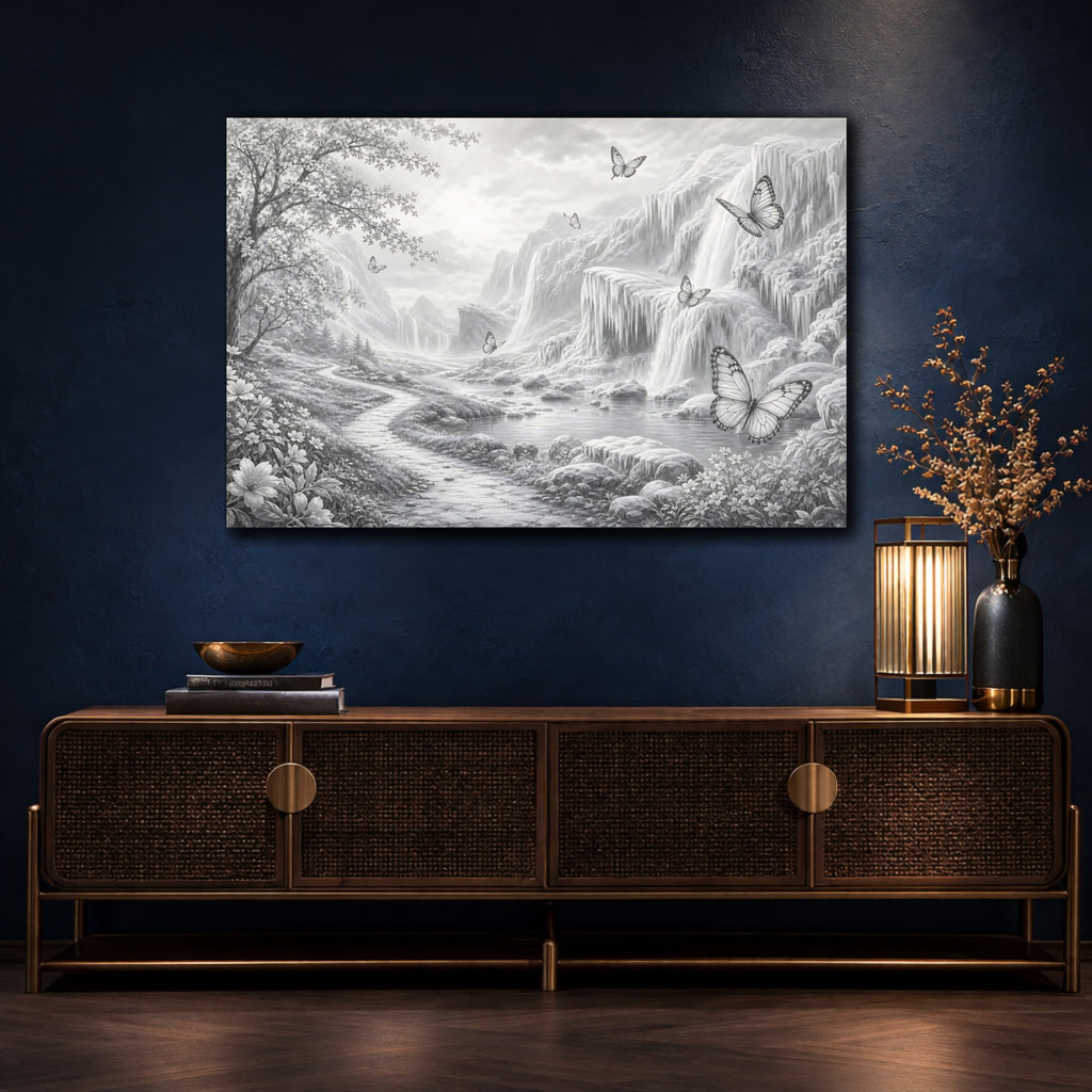 Mockup 4. Nature Waterfalls, Butterflies Monochrome Landscape shown as stretched canvas wall art