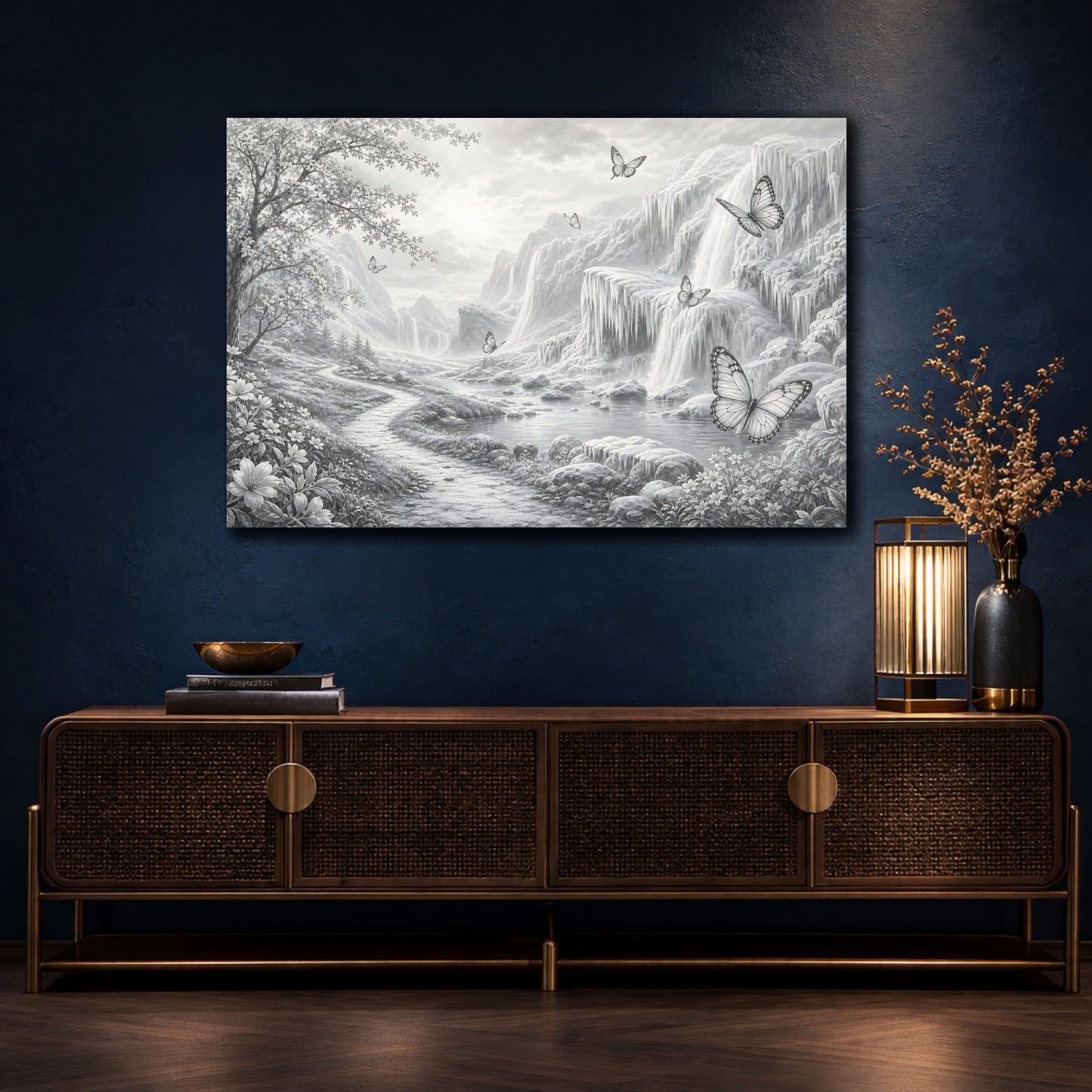 Mockup 4. Nature Waterfalls, Butterflies Monochrome Landscape shown as stretched canvas wall art
