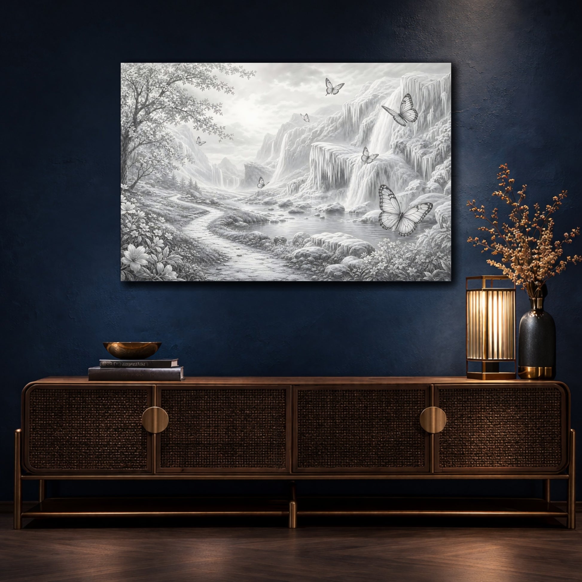 Mockup 4. Nature Waterfalls, Butterflies Monochrome Landscape shown as stretched canvas wall art