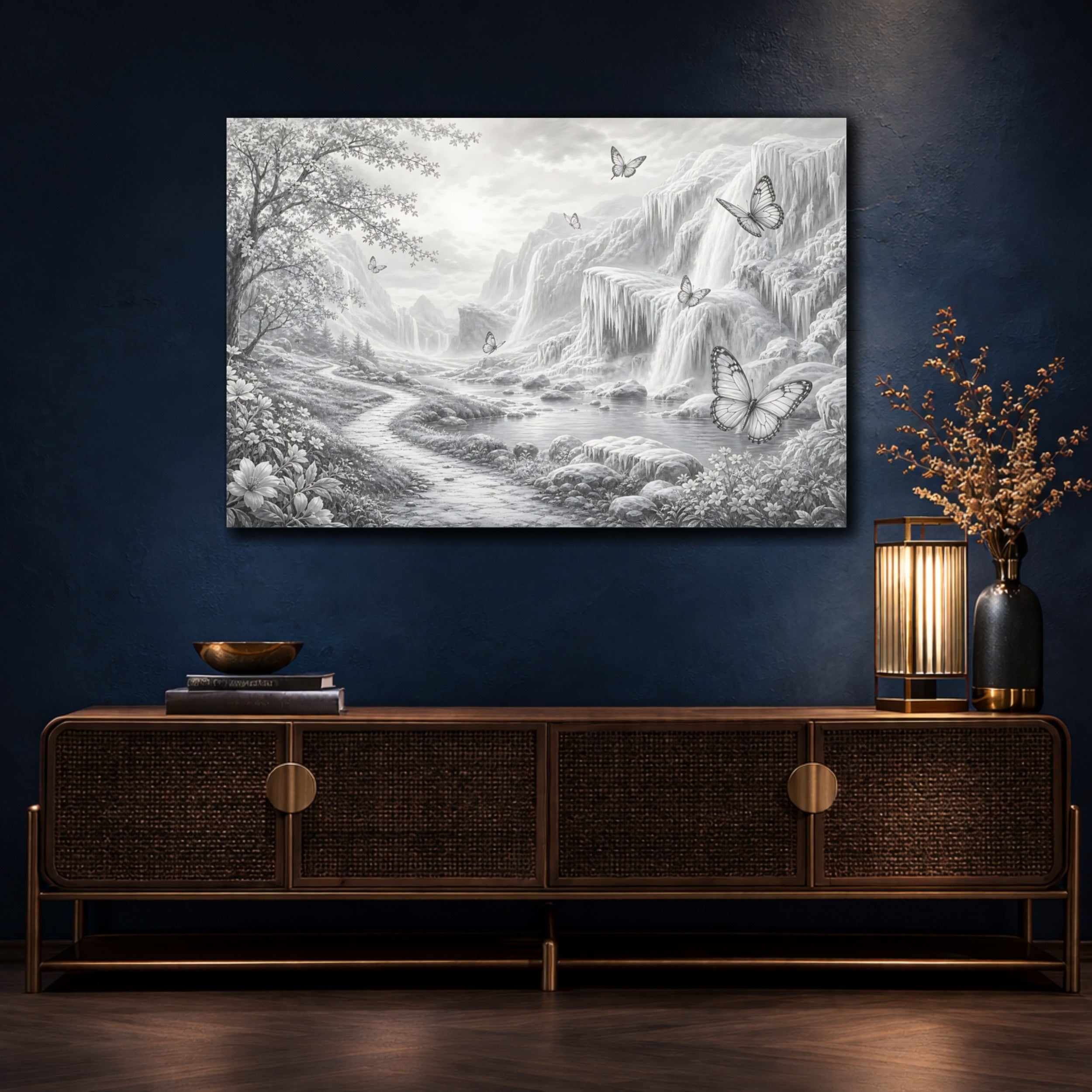 Mockup 4. Nature Waterfalls, Butterflies Monochrome Landscape shown as stretched canvas wall art
