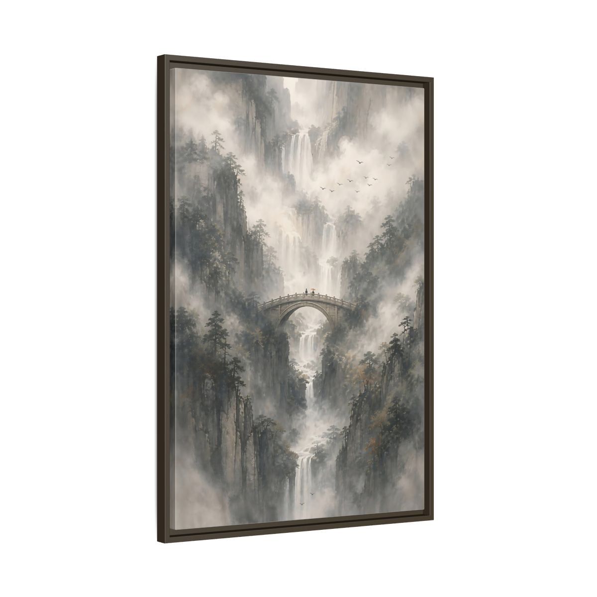 Nature Waterfalls Mountains Misty Framed Canvas Wall Art - Living Room, Above Couch shown as canvas wall art