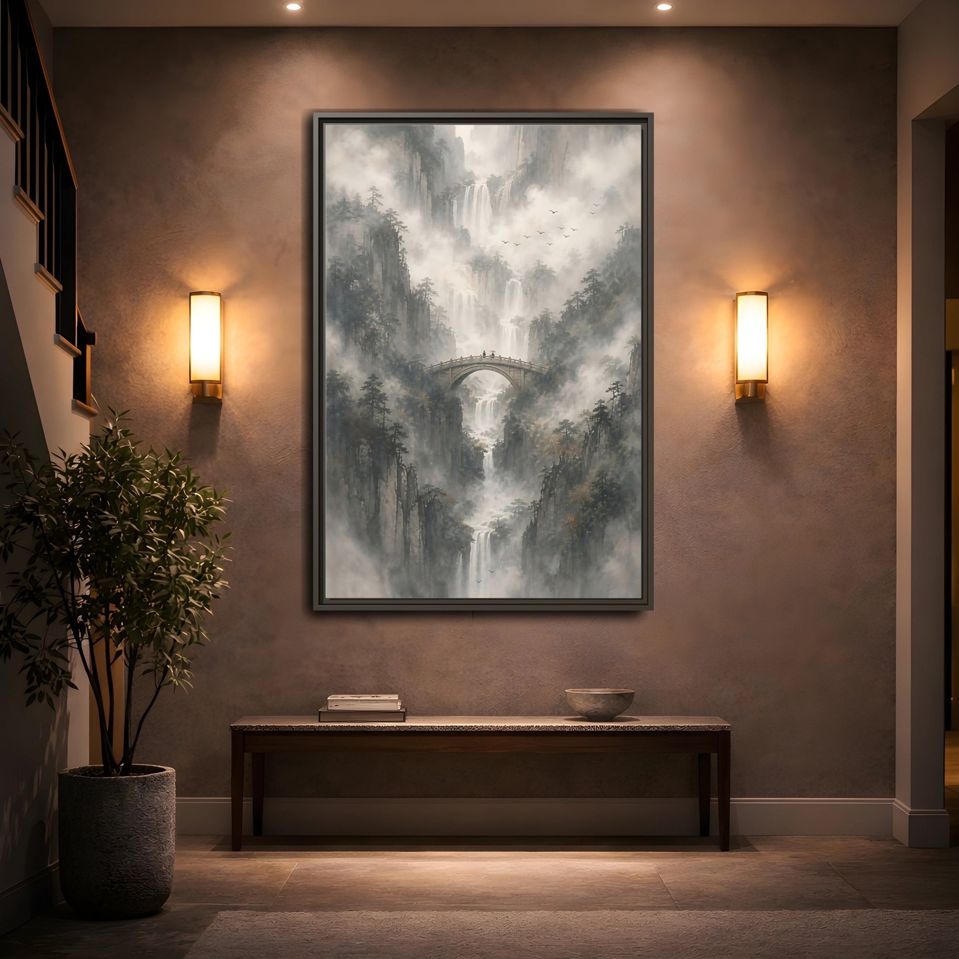 Nature Waterfalls Mountains Misty Framed Canvas Wall Art - Living Room, Above Couch shown as canvas wall art