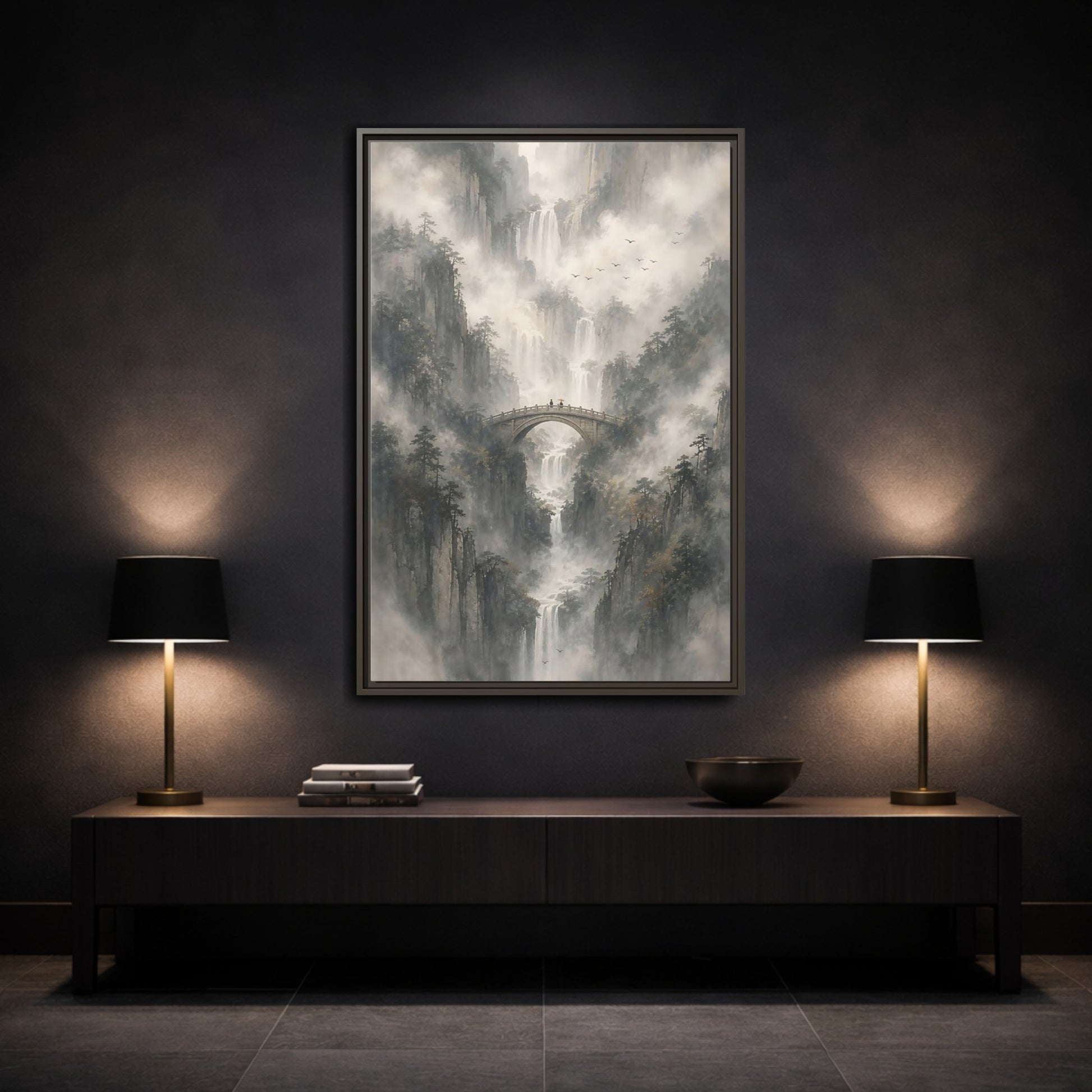 Nature Waterfalls Mountains Misty Framed Canvas Wall Art - Living Room, Above Couch shown as canvas wall art