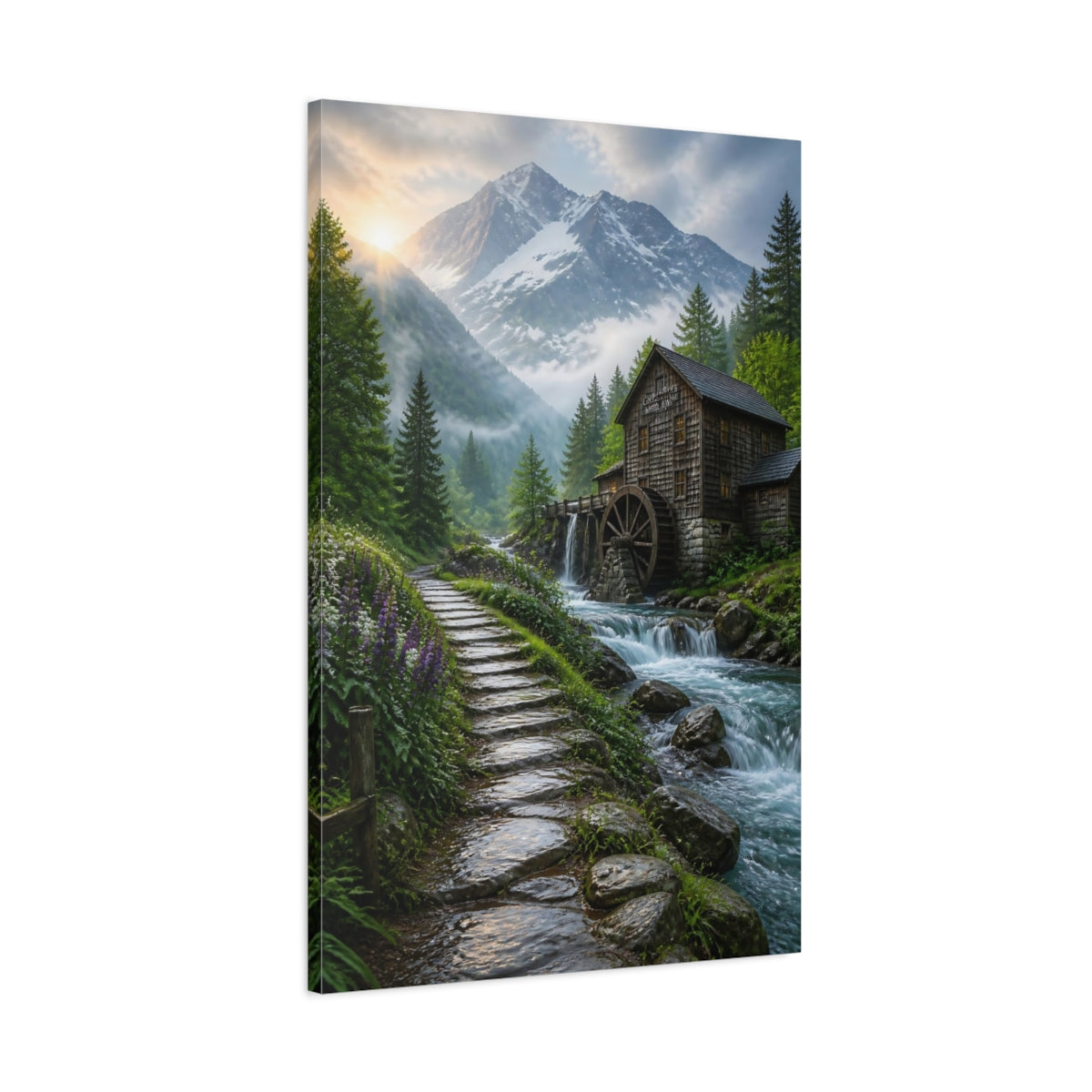 Main Mockup. Nature Watermill Mountain Mill Scene shown as stretched canvas wall art