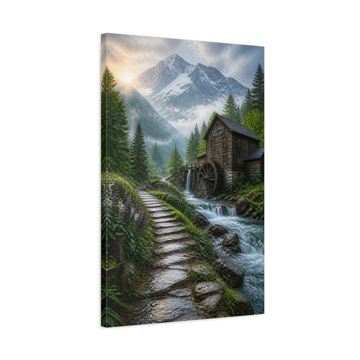Side Mockup 2. Nature Watermill Mountain Mill Scene shown as stretched canvas wall art