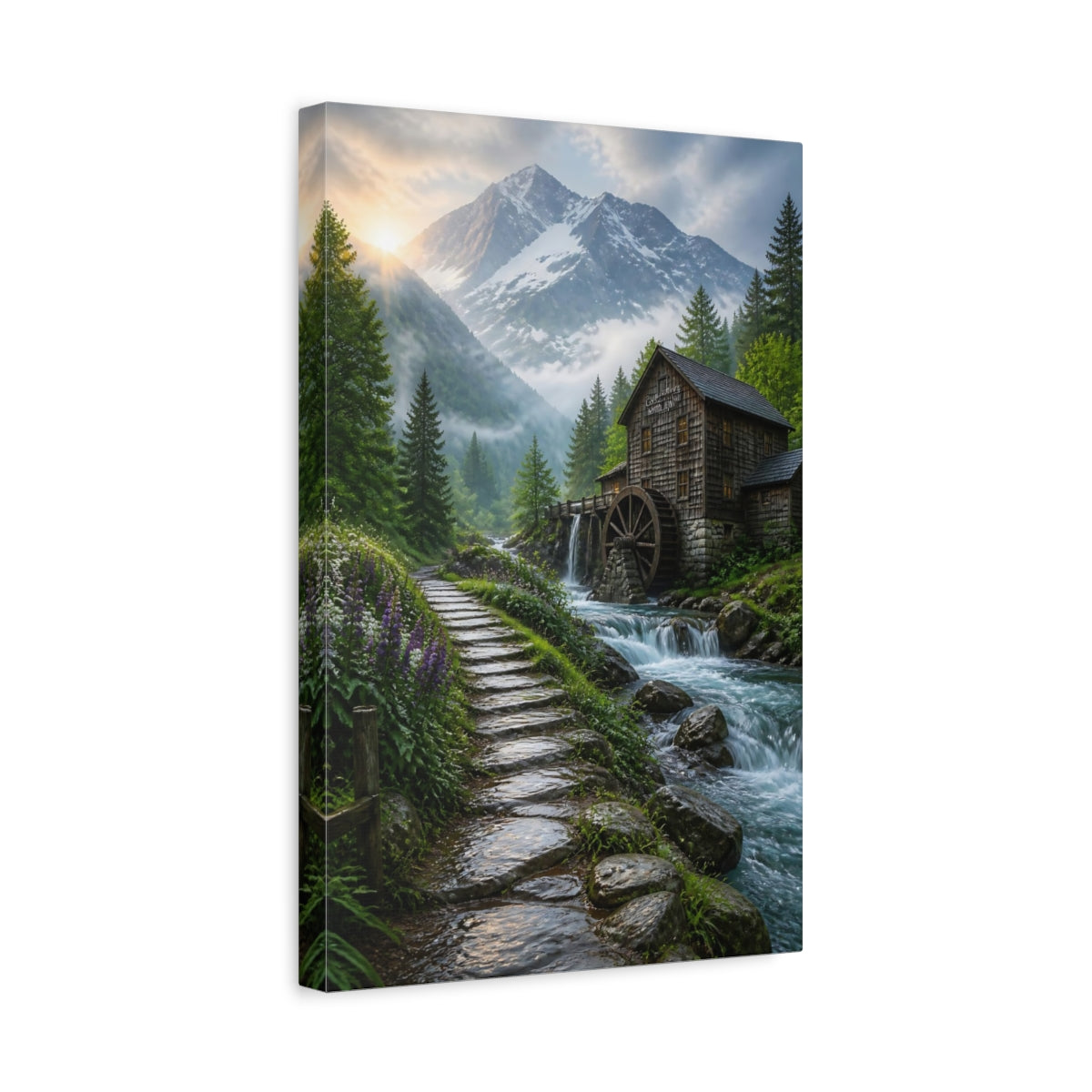 Side Mockup 4. Nature Watermill Mountain Mill Scene shown as stretched canvas wall art