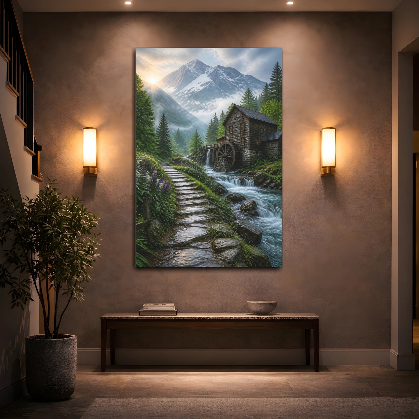 Mockup 2. Nature Watermill Mountain Mill Scene shown as stretched canvas wall art