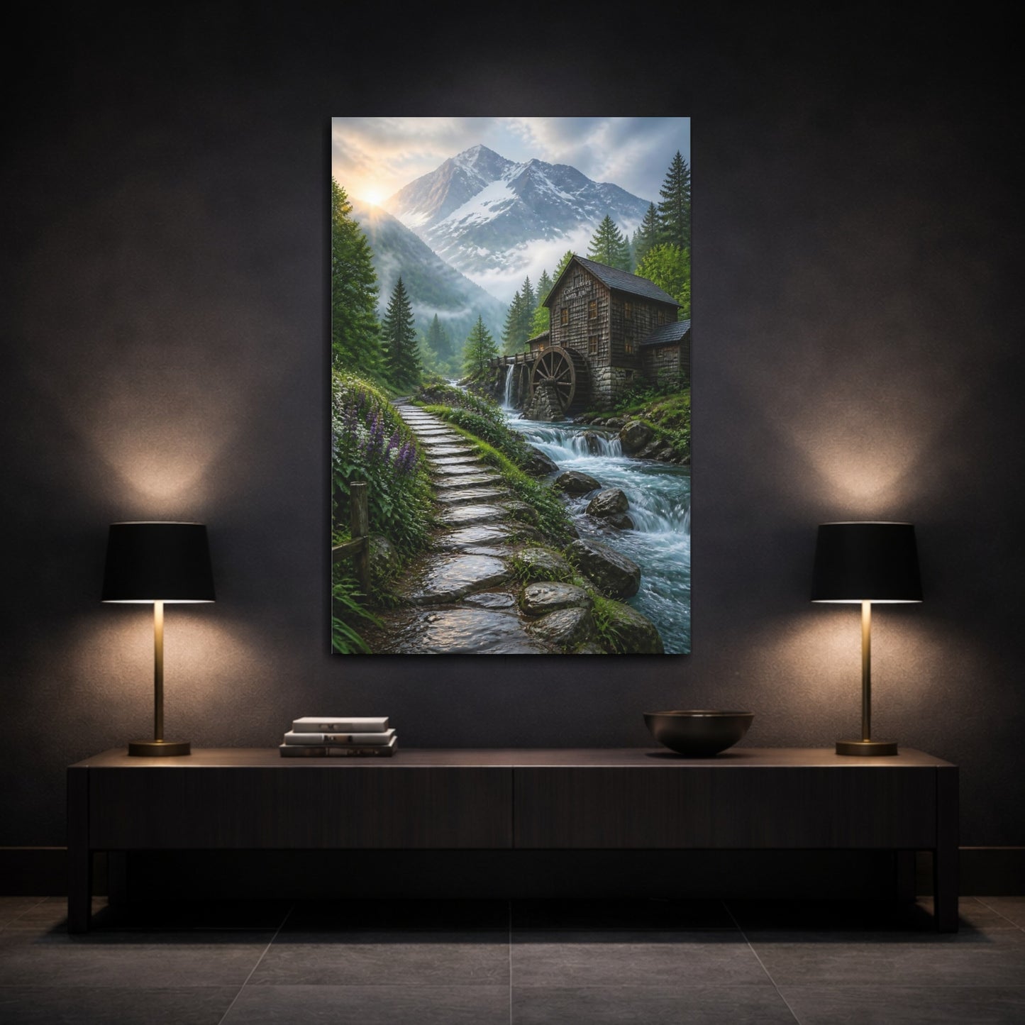 Mockup 3. Nature Watermill Mountain Mill Scene shown as stretched canvas wall art