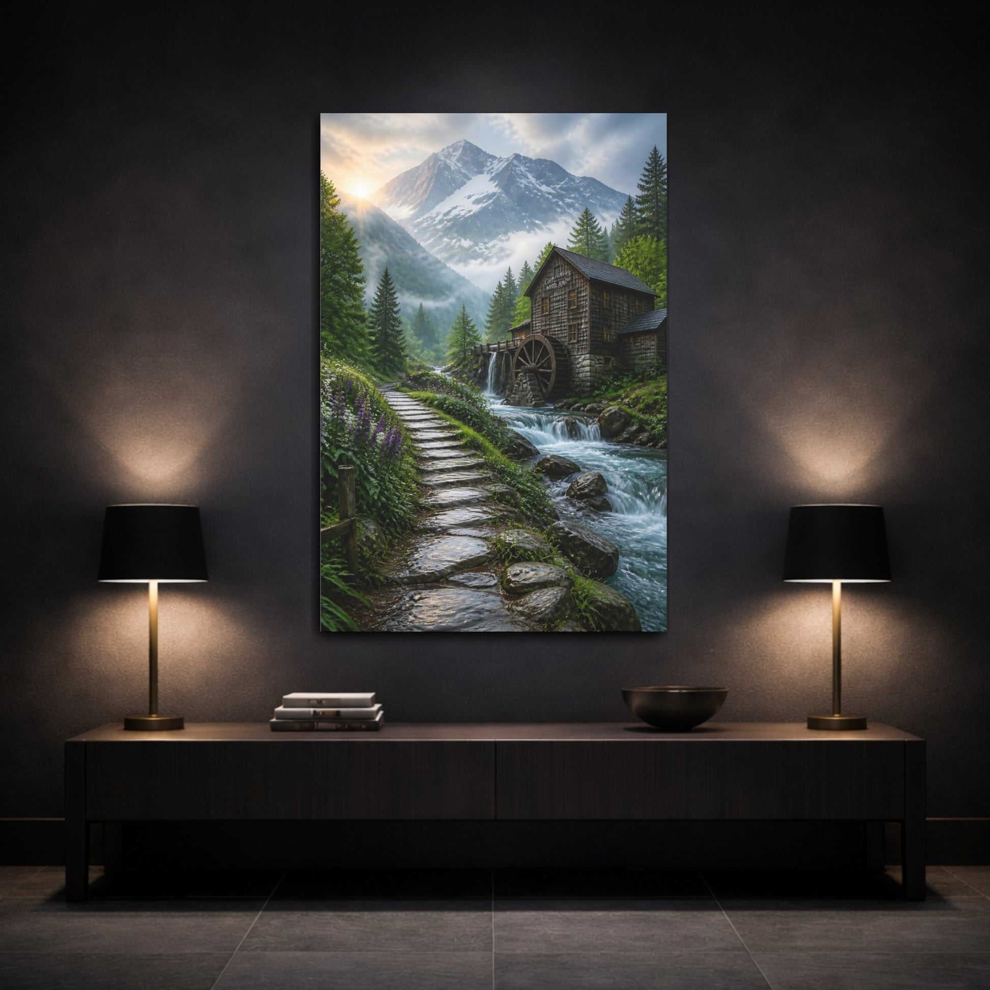 Mockup 3. Nature Watermill Mountain Mill Scene shown as stretched canvas wall art