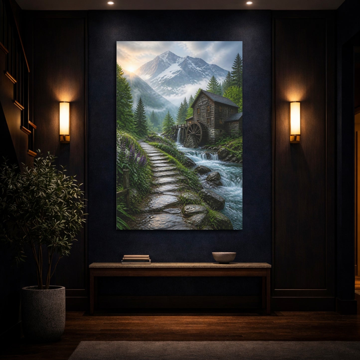 Mockup 4. Nature Watermill Mountain Mill Scene shown as stretched canvas wall art