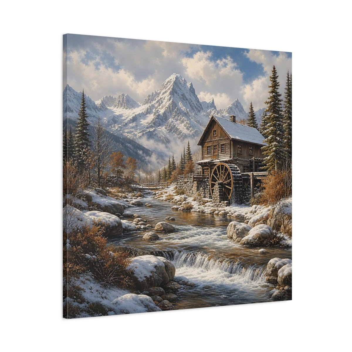 Main Mockup. Nature Watermill Winter Landscape shown as stretched canvas wall art