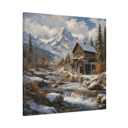 Main Mockup. Nature Watermill Winter Landscape shown as stretched canvas wall art